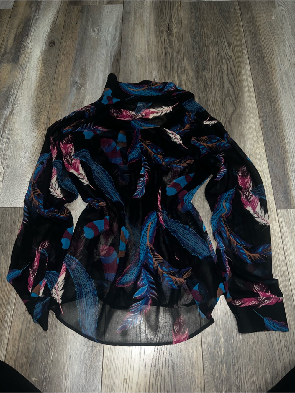 Express Black Sheer Blouse with Blue and Pink Feather Print
